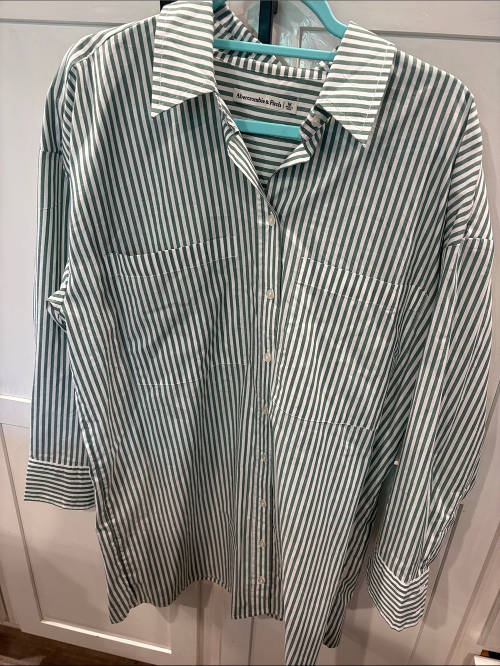 Abercrombie & Fitch Green and White Striped Button-Down Shirt